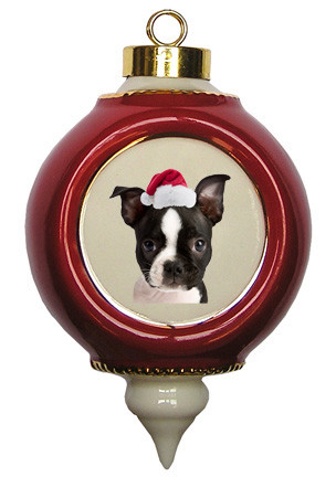Boston Terrier Victorian Red & Gold Christmas Ornament
