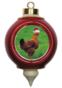 Chicken Victorian Red and Gold Christmas Ornament