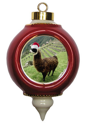 Llama Victorian Red and Gold Christmas Ornament