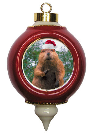 Beaver Victorian Red and Gold Christmas Ornament