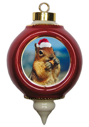 Chipmunk Victorian Red and Gold Christmas Ornament