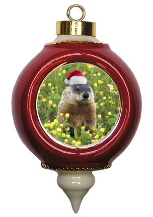 Groundhog Victorian Red and Gold Christmas Ornament