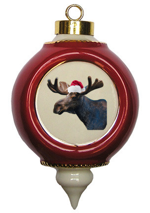 Moose Victorian Red and Gold Christmas Ornament