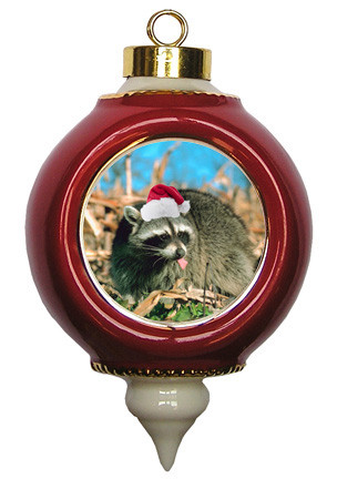 Raccoon Victorian Red and Gold Christmas Ornament