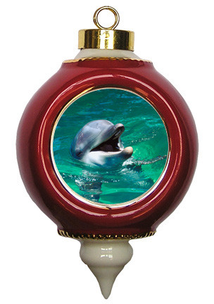 Dolphin Victorian Red and Gold Christmas Ornament