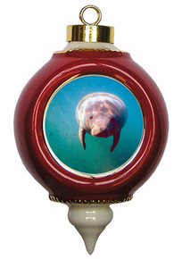 Manatee Victorian Red and Gold Christmas Ornament