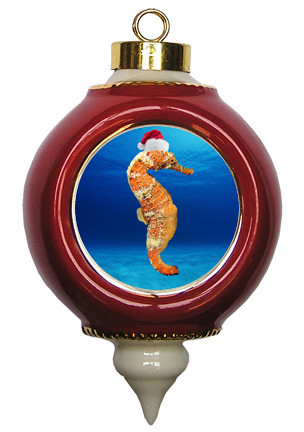 Seahorse Victorian Red and Gold Christmas Ornament