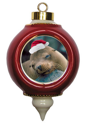 Sea Lion Victorian Red and Gold Christmas Ornament