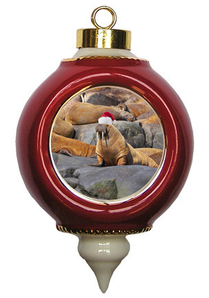 Walrus Victorian Red and Gold Christmas Ornament