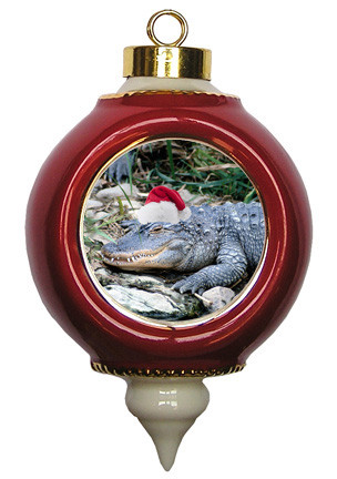 Alligator Victorian Red and Gold Christmas Ornament