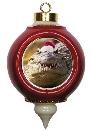 Alligator Victorian Red and Gold Christmas Ornament