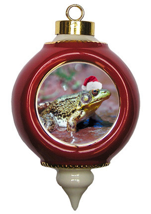 Green Frog Victorian Red and Gold Christmas Ornament