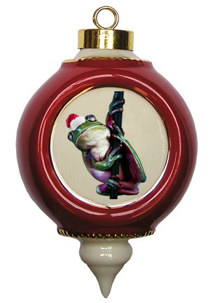 Tree Frog Victorian Red and Gold Christmas Ornament