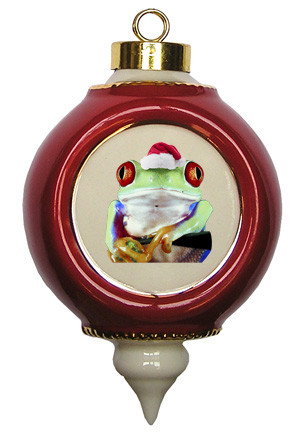Tree Frog Victorian Red and Gold Christmas Ornament