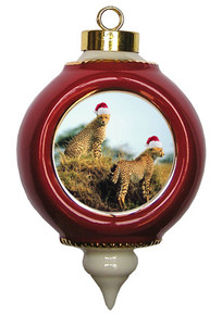 Cheetah Victorian Red and Gold Christmas Ornament