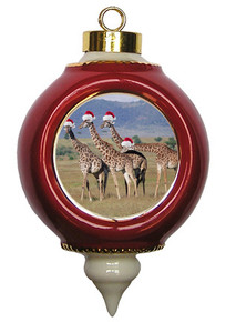 Giraffe Victorian Red and Gold Christmas Ornament