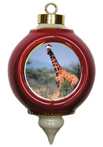 Giraffe Victorian Red and Gold Christmas Ornament