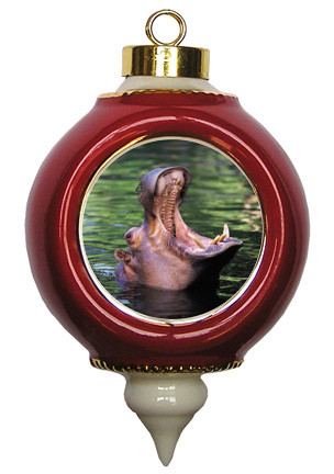 Hippo Victorian Red and Gold Christmas Ornament