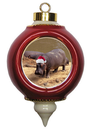 Hippo Victorian Red and Gold Christmas Ornament