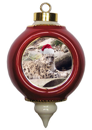 Snow Leopard Victorian Red and Gold Christmas Ornament