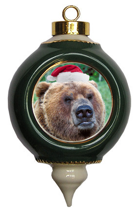 Bear Ceramic Victorian Green and Gold Christmas Ornament