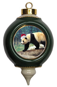 Panda Bear Ceramic Victorian Green and Gold Christmas Ornament