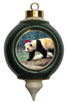 Panda Bear Ceramic Victorian Green and Gold Christmas Ornament