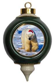 Polar Bear Ceramic Victorian Green and Gold Christmas Ornament