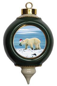 Polar Bear Ceramic Victorian Green and Gold Christmas Ornament