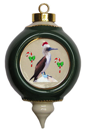 Blue Footed Booby Victorian Green and Gold Christmas Ornament