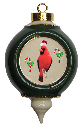 Cardinal Victorian Green and Gold Christmas Ornament