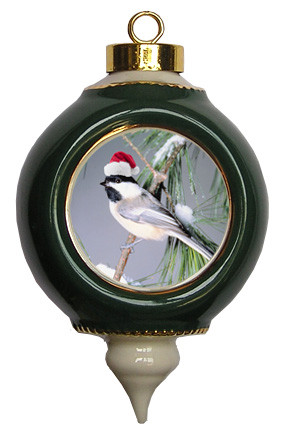Chickadee Victorian Green and Gold Christmas Ornament