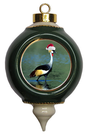 Crowned Crane Victorian Green and Gold Christmas Ornament