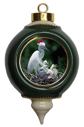 Egret Victorian Green and Gold Christmas Ornament