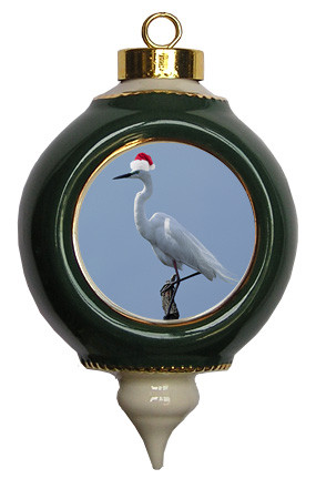 Egret Victorian Green and Gold Christmas Ornament