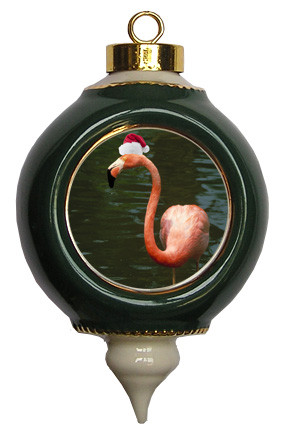 Flamingo Victorian Green and Gold Christmas Ornament