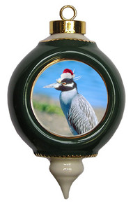 Yellow Crowned Heron Victorian Green and Gold Christmas Ornament