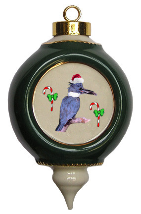 Belted Kingfisher Victorian Green and Gold Christmas Ornament