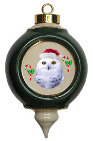 White Owl Victorian Green and Gold Christmas Ornament