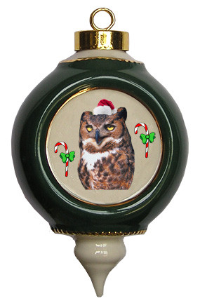 Great Horned Owl Victorian Green and Gold Christmas Ornament
