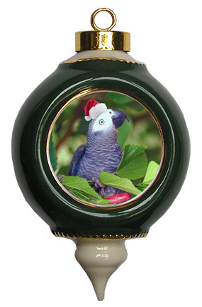 African Grey Parrot Victorian Green and Gold Christmas Ornament