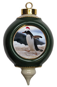 Penguin Victorian Green and Gold Christmas Ornament