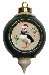 Atlantic Puffin Victorian Green and Gold Christmas Ornament
