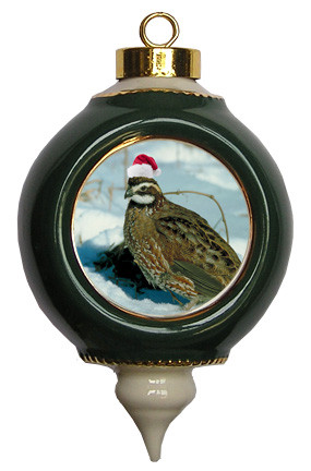 Quail Victorian Green and Gold Christmas Ornament
