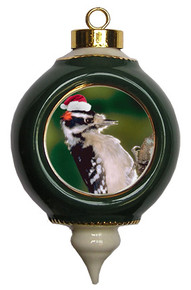 Downey Woodpecker Victorian Green and Gold Christmas Ornament