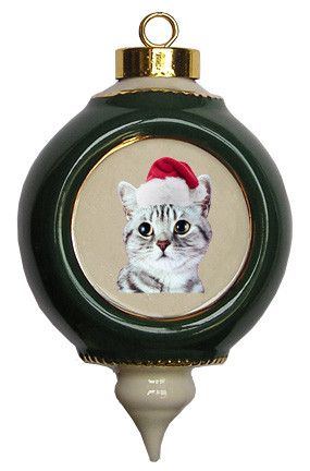 American Shorthair Cat Victorian Green & Gold Christmas Ornament