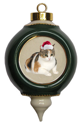 Calico Cat Victorian Green & Gold Christmas Ornament