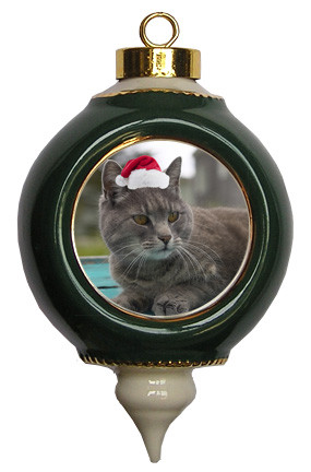 Cat Victorian Green & Gold Christmas Ornament
