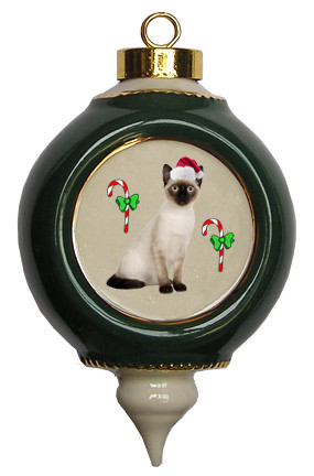Siamese Cat Victorian Green & Gold Christmas Ornament
