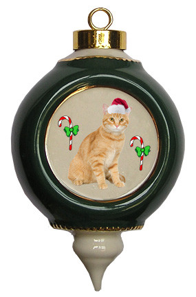 Tabby Cat Victorian Green & Gold Christmas Ornament